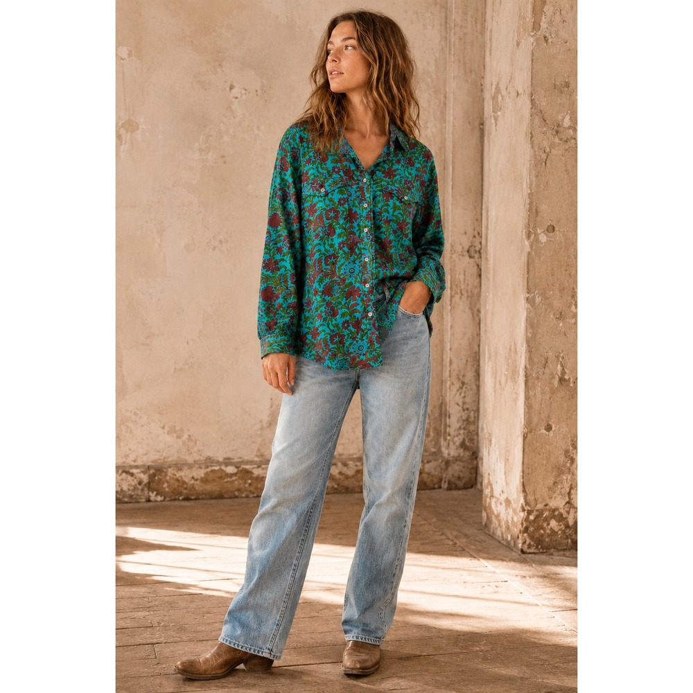 Sundance Shirt Sz M Floral Eyelet Boho Relaxed Pleated Western Boho Cowgirl